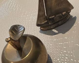 Vintage Brass Apple Bell and Sailboat Figurine