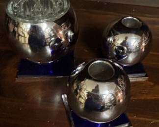 Set of Three SilverPlated Spherical Vases with Blue Glass Bases