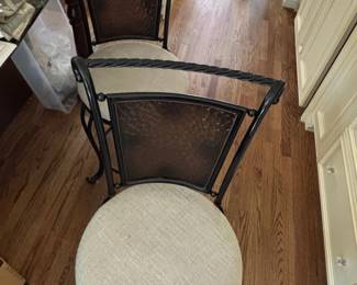 Wrought Iron Swivel Bar Stools with Hammered Metal Backs and Upholstered Seats