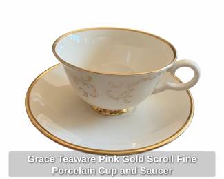 Grace Teaware Pink Gold Scroll Fine Porcelain Cup and Saucer