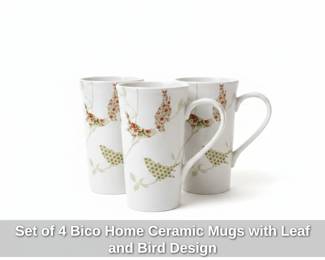 Set of Bico Home Ceramic Mugs with Leaf and Bird Design