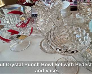 Cut Crystal Punch Bowl Set with Pedestal and Vase