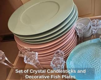 Set of Crystal Candlesticks and Decorative Fish Plates