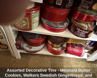 Assorted Decorative Tins  Mermaid Butter Cookies, Walkers Swedish Gingerbread, and others