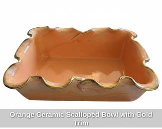 Orange Ceramic Scalloped Bowl with Gold Trim