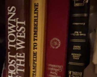 Collection of Books Ghost Towns of the West, Stampede to Timberline, Websters New Collegiate Dictionary, and Holy Bible