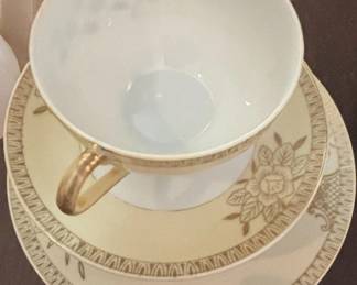 Vintage Tea Cup, Saucer, and Dessert Plate Set with Gold Trim and Floral Motif