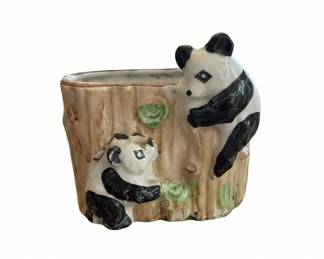 Vintage Panda Planter Pot with Two Pandas and Tree Trunk