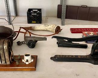 ANTIQUE TOBACCO CUTTER, ANTIQUE GENERATOR, CAST IRON DUTCH OVEN, HYDRIL METAL SIGN