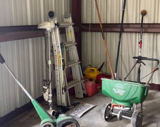 FOLDING LADDER, FERTILIZER SPREADER, GAS CANS, EDGER