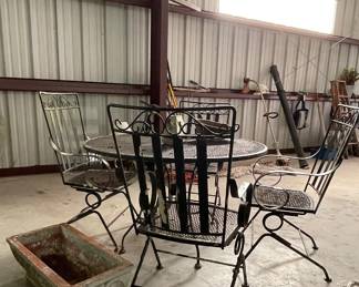 WROUGHT IRON PATIO TABLE AND CHAIRS, CONCRETE PLANTER