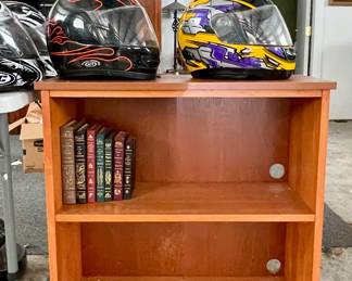 BOOK SHELF, LEATHER BOUND BOOK, MOTORCYCLE HELMETS