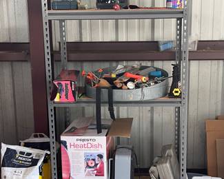 METAL SHELVING, HEATER, TOOLS