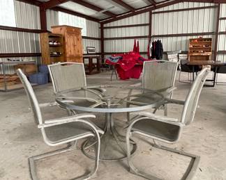 PATIO TABLE AND CHAIRS-HAS A PLEXIGLASS TOP THAT NEEDS TO BE REPLACED