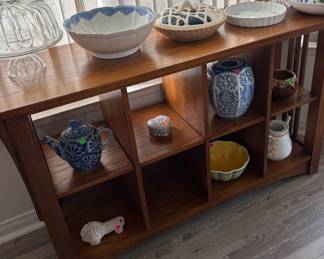 Good quality, solid wood display table 55" wide $95 obo, various ceramic ware  from $2 - $25 ea.