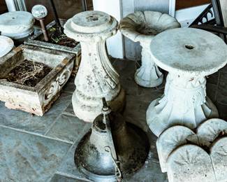 Cast Iron Bell, Cement Planters and Garden Decor