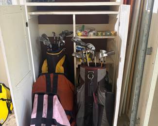 Golf Clubs and Bags oand Golf Storage Cabinet