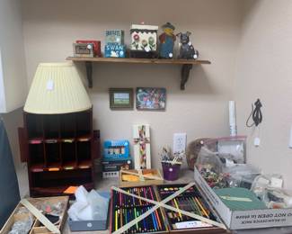 Collectible items on shelf + misc.