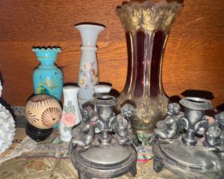 Pr of pewter STEIFF candle holders and Bohemian vase