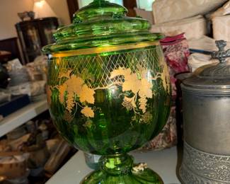 Bohemian Moser Green glass Enameled lidded Jar Fire Bowl / Punch Bowl with several matching cups