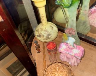 Yellow Art glass bud vase and lovely  opalescent  vase.. gotta test with a black light