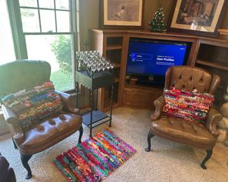 Handmade Pillows and Rug, Leather Wingback Chairs