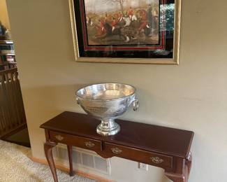 Fox Hounds Print, Champagne Pedestal Ice Bucket, Bombay Co. Sofa Table