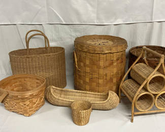 Lot 219: Assorted woven wicker baskets and bottle rack