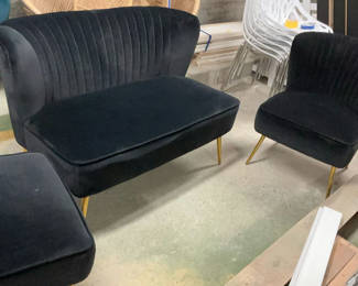 Lot 8: MCM Inspired, Black Velour Settee And Two Matching armless Chairs