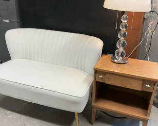 Lot 6: Ivory Velour Cushioned Settee, MCM Nightstand, Contemporary Lamp