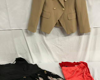 Lot 280: Tan double-breasted blazer, crane-print black dress set, and red Lane Bryant garment