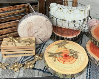 Lot 123: 6 Round cushions that look like center cut wood, Golden Bugs, Small Rugs