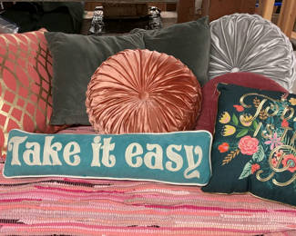 Lot 122: Woven Rug And Throw Pillows, Apricots, Greys, Turquoise