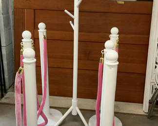 Lot 70: White Plastic Stanchions, Pink Velvet Ropes, White Wood  Hat rack