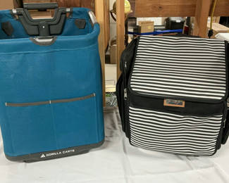 Lot 181: Blue Gorilla Carts rolling cart and striped Everything Mary rolling bag