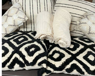 Lot 120: Cream And Black Throw Pillows And Throw Blankets