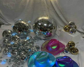 Lot 203: Disco Balls and Neon Party Sign with Iridescent Hats
