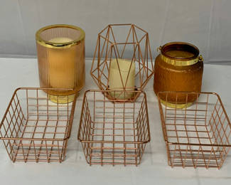 Lot 107: Copper Toned Baskets And Candle Holders