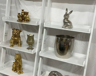 Lot 113: 2 White IKEA Shelving, Silver & Gold Decor