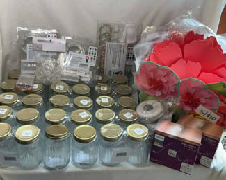 Lot 204: Assorted Mason Jars, Paper Flowers, and LED Lighting Accessories
