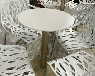 Lot 64: 8 White Birds Nest Plastic Chairs, 2 Small Round Tables