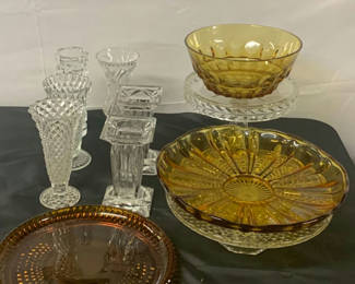 Lot 156: Cut Clear And Colored Glass Vases, cake plates, candle holders, etc.