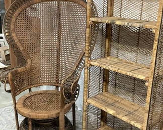 Lot 14: Vintage Boho Rattan Peacock Chair And Bookshelf