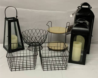 Lot 106: Black metal lanterns, wire baskets, and wooden tray stand