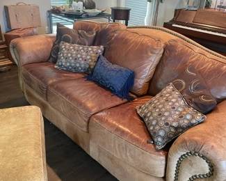 Leather Camelback Sofa and Leather Ottoman
