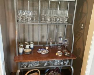 Wrought Iron Bakers Rack, Crystal Stemware