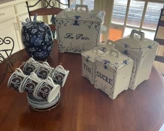 Fr Country Canister Set, Bread Box, Blue & White
