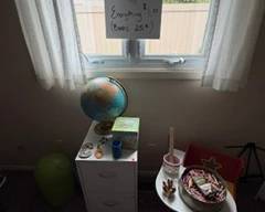 child's desk, globe, filing cabinet