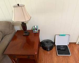 end tables, lamps, digital scale in box