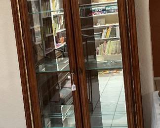 Rich cherry finish Curio, full-length glass doors, mirrored back 76x32x13